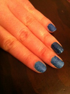 Blue manicure with stamped flower pattern Blue manicure with stamped flower pattern