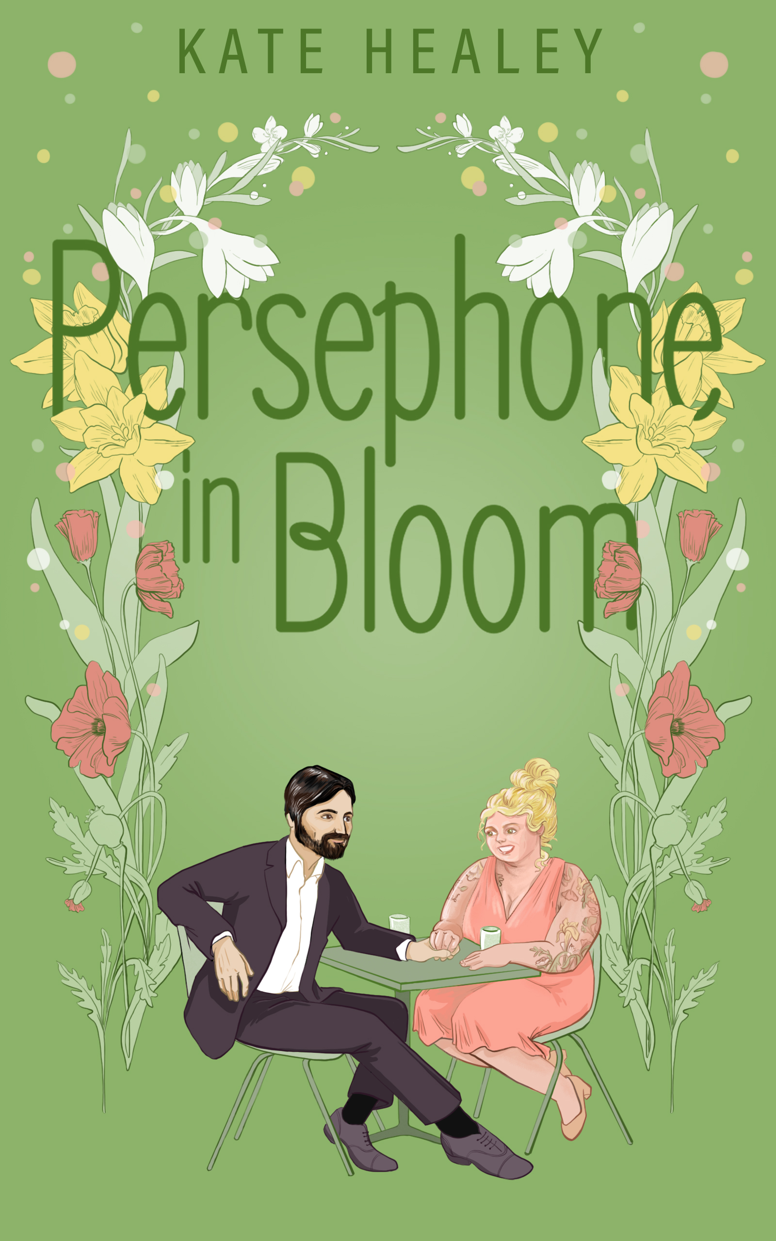 A short fat white woman with brown hair, wearing a pink dress with a full skirt and adorable white kitten heel booties, wraps a tap measure around a hot, muscular bearded man. Behind them are cute sparkles and swoops that indicate magic, and a 60s ish font reading "Bespoke & Bespelled"