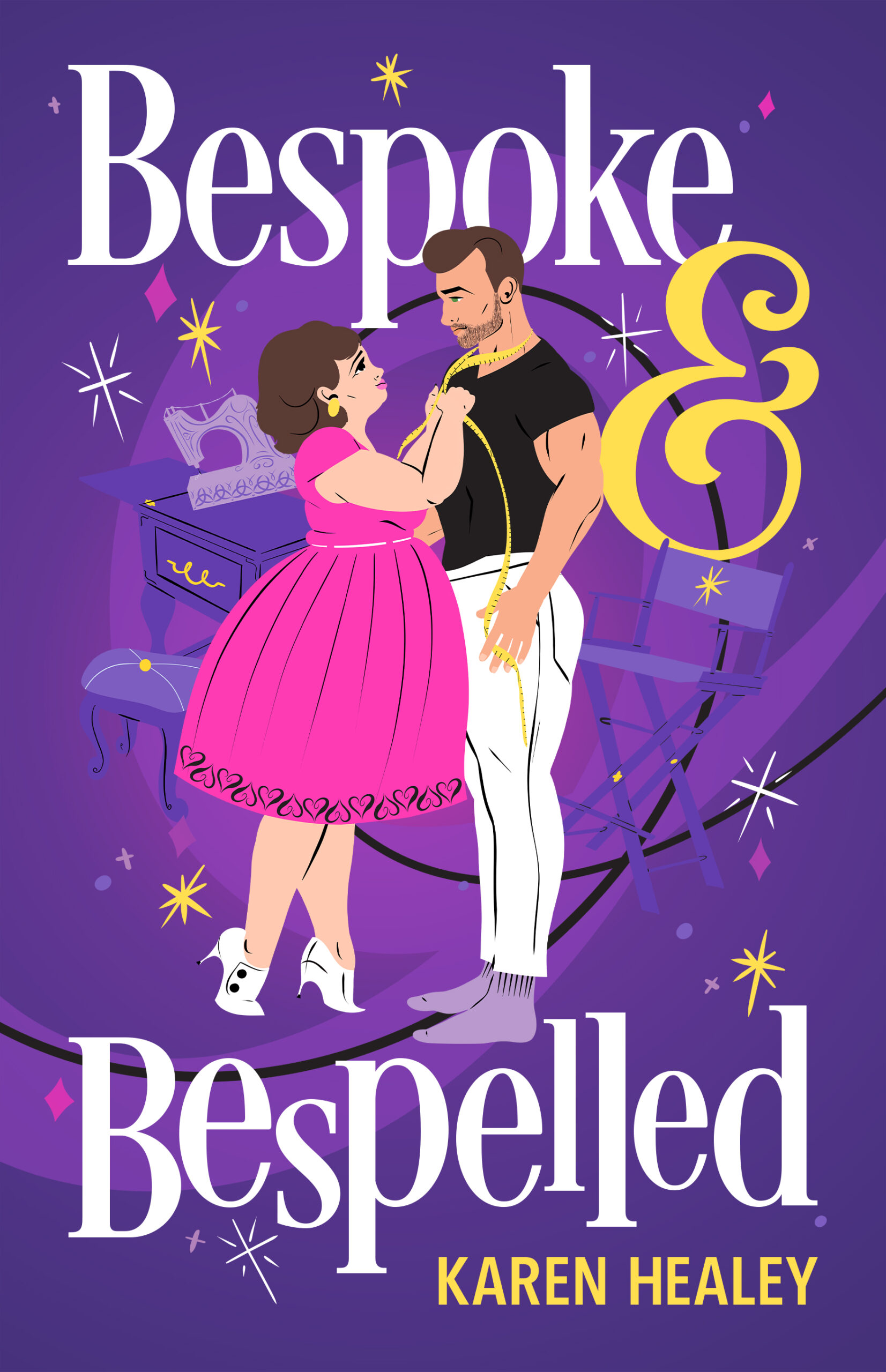 A short fat white woman with brown hair, wearing a pink dress with a full skirt and adorable white kitten heel booties, wraps a tap measure around a hot, muscular bearded man. Behind them are cute sparkles and swoops that indicate magic, and a 60s ish font reading "Bespoke & Bespelled"